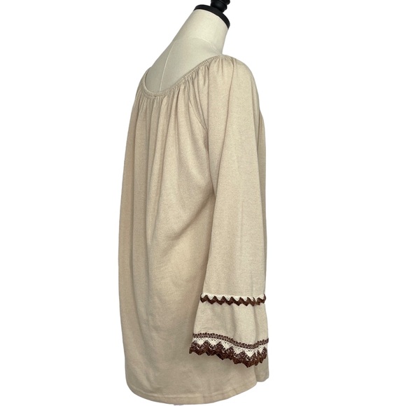 WinWin Tunic Tan with Brown Crochet Accent Bell Sleeves Size L/XL - Picture 3 of 9